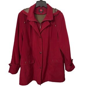 Gallery Red Hooded‎ Jacket Women's L Lightweight Zip Snap Raincoat EUC Y2K Berry